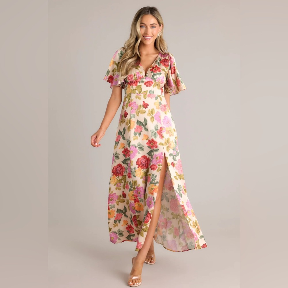 Dress Forum Romantic Garden Flutter Sleeve Satin Maxi Dress, Size M